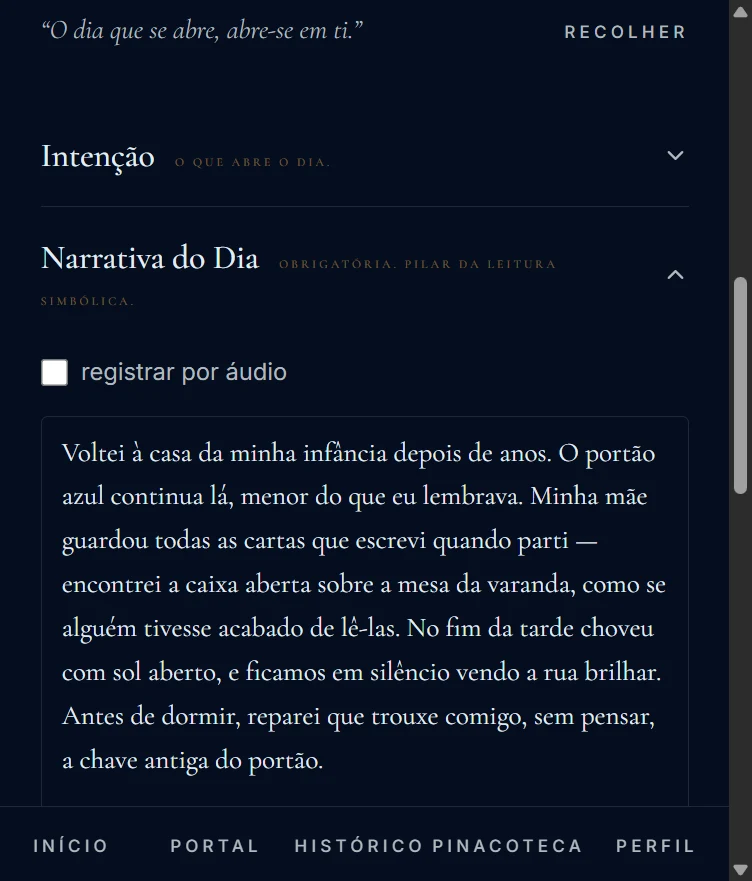 A página do ritual no aplicativo: a seção Narrativa do Dia aberta, com um registro escrito