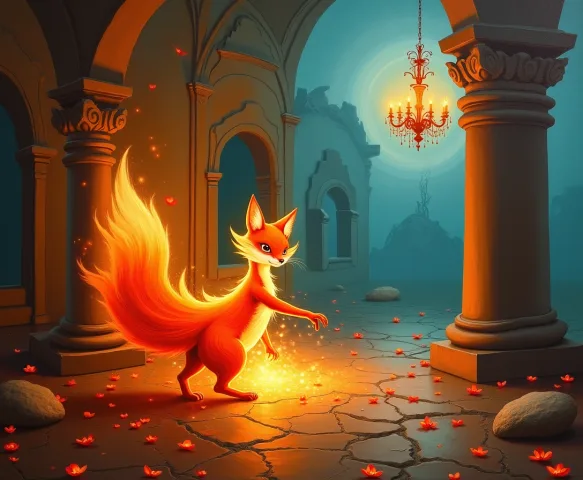 Pintura de sonho: raposa de fogo dançando num salão de baile em ruínas, brasas virando pétalas